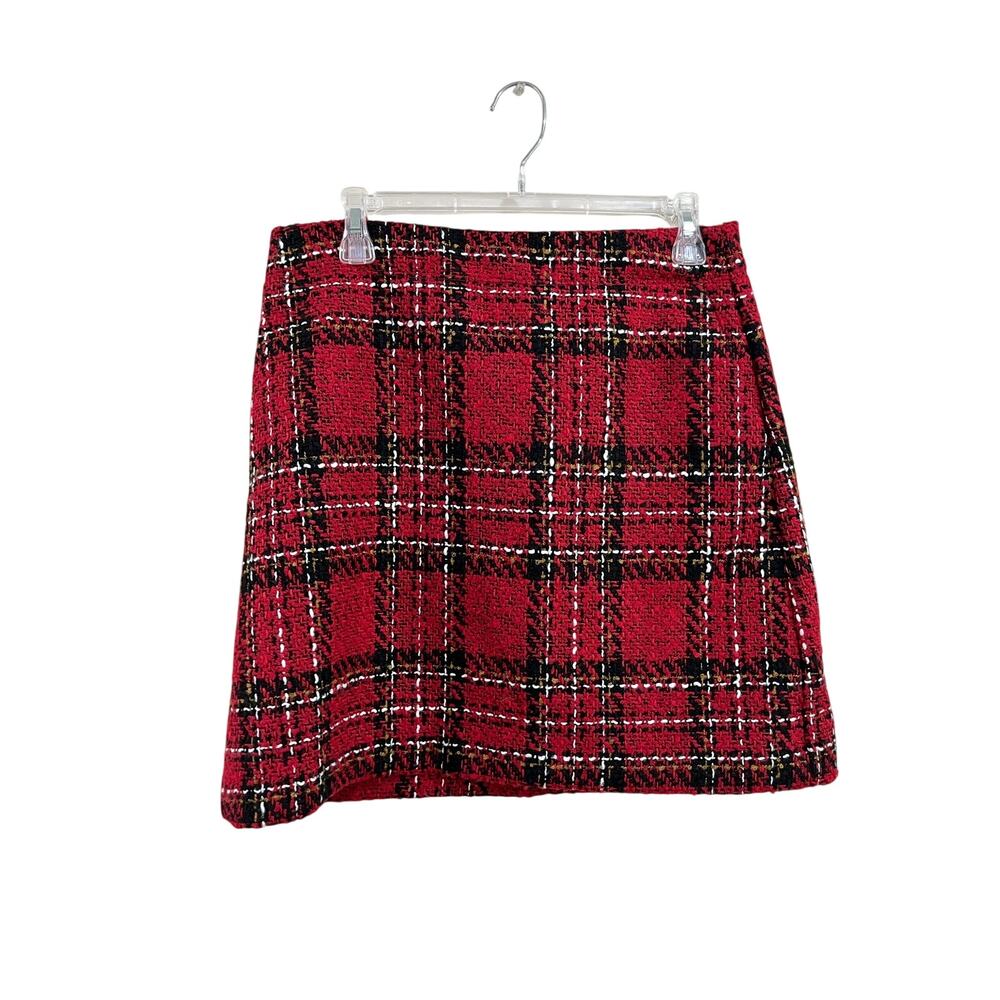 LOFT Red Plaid Tweed Preppy‎ Academia A Line Mini Skirt Pockets Size 6